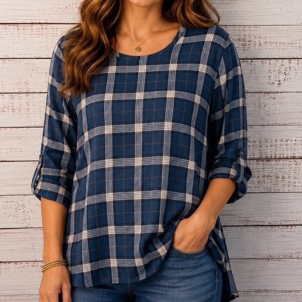 J.‎ Jill Womens 2X Blue Plaid Tencel Tunic Blouse Roll Tab Sleeve Hi Low Shirt